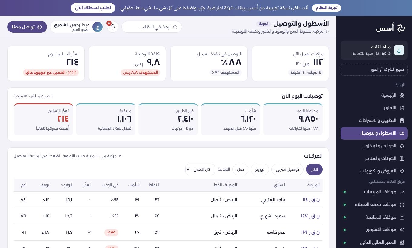 شاشة الأسطول والتوصيل في ديمو مياه النقاء